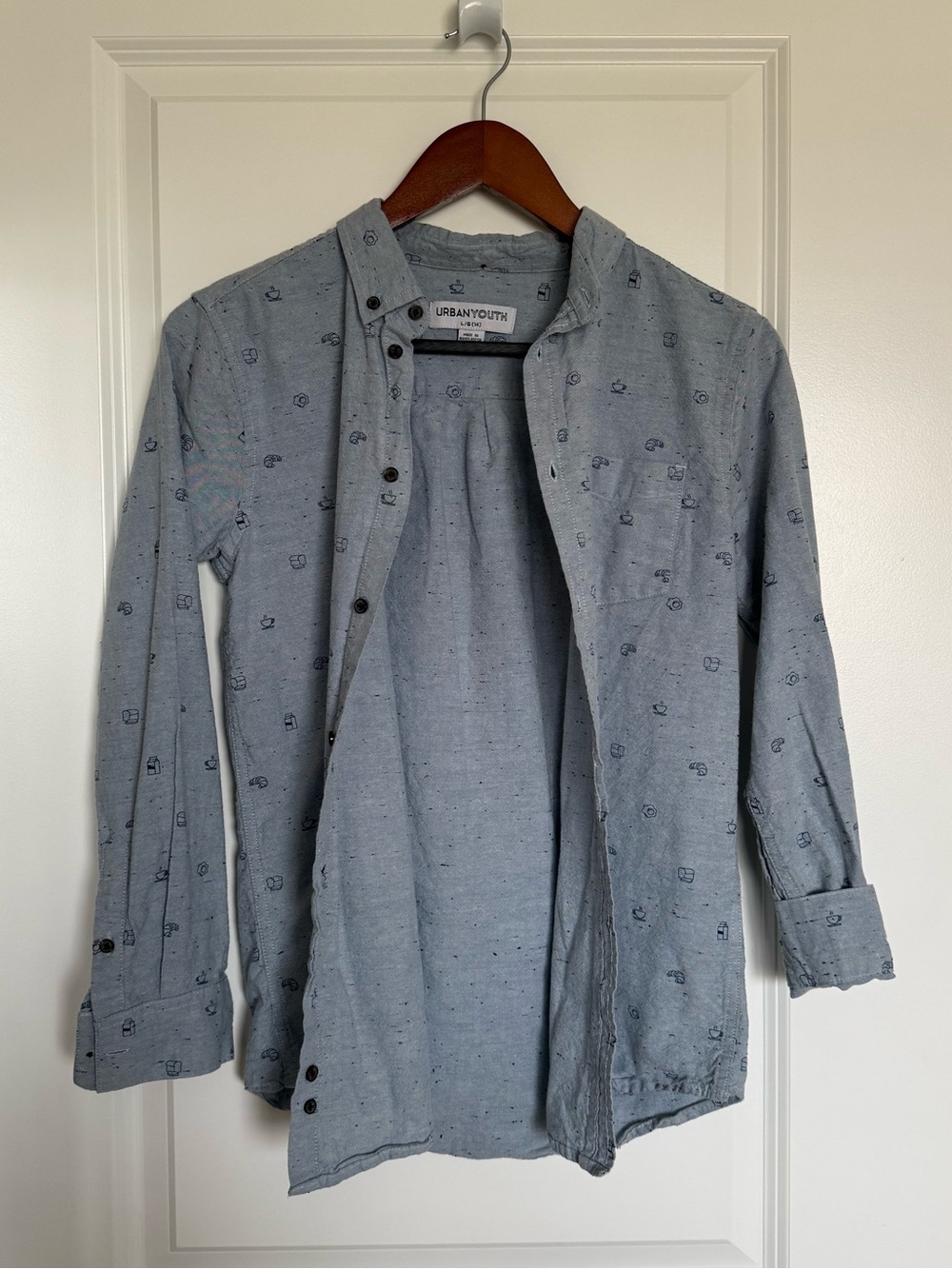 Boy’s Urban Youth Light Blue Grey Breakfast Print Button-Up Long Sleeve Shirt - Picture 3 of 8